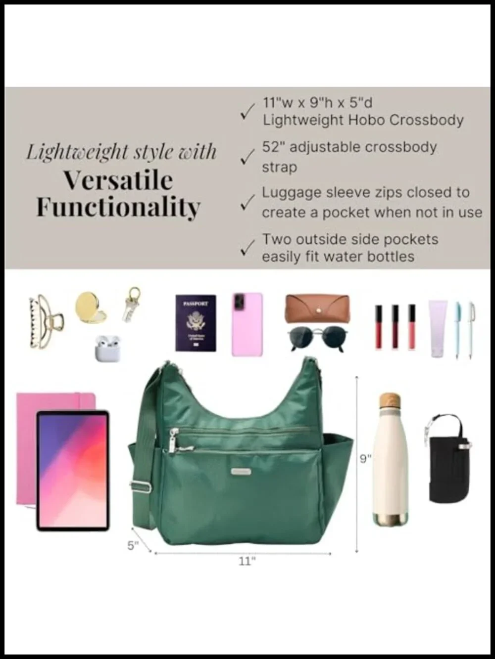 Lightweight RFID Hobo Crossbody Bag with Adjustable Strap